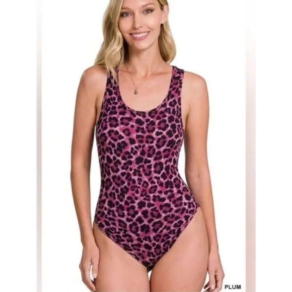 NWT Zenana Pink Leopard Bodysuit Racerback Stretch One Piece Trendy